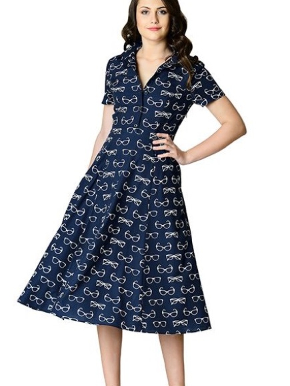eshakti Dress Navy Eye Glasses Print Button Down Women’s Size 2X